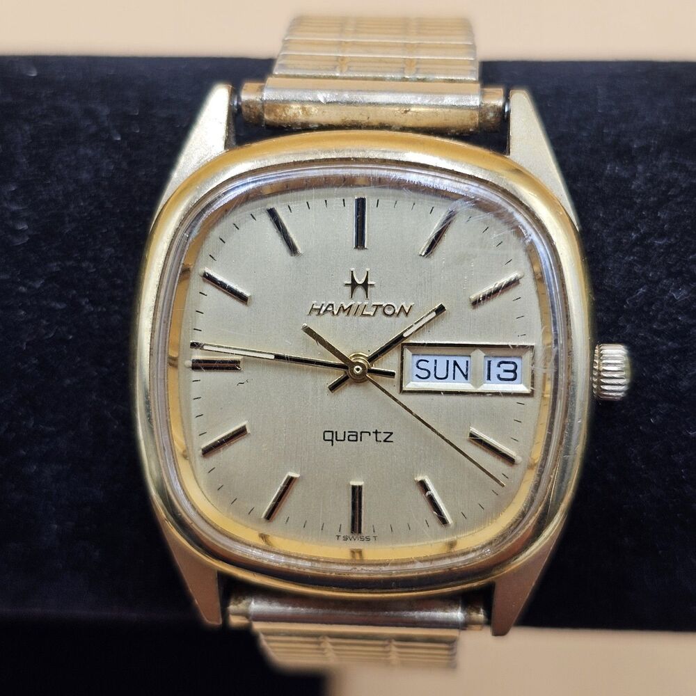 Vintage Hamilton Quartz Watch 909480 Cushion Case Day Date Gold Tone Swiss Made